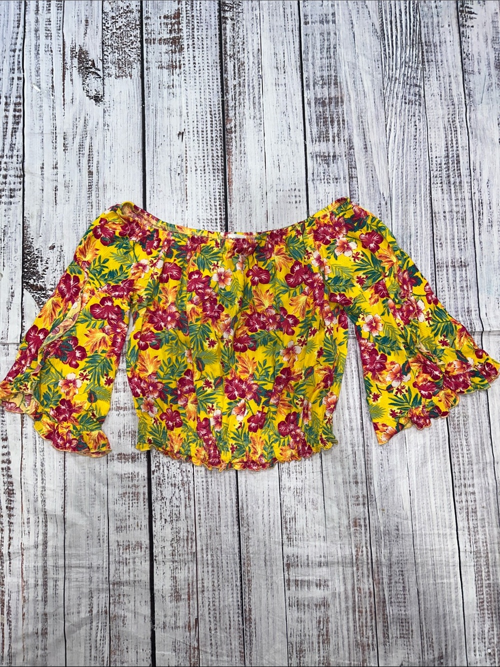 Self Esteem Yellow Tropical Floral Off-Shoulder Crop Top